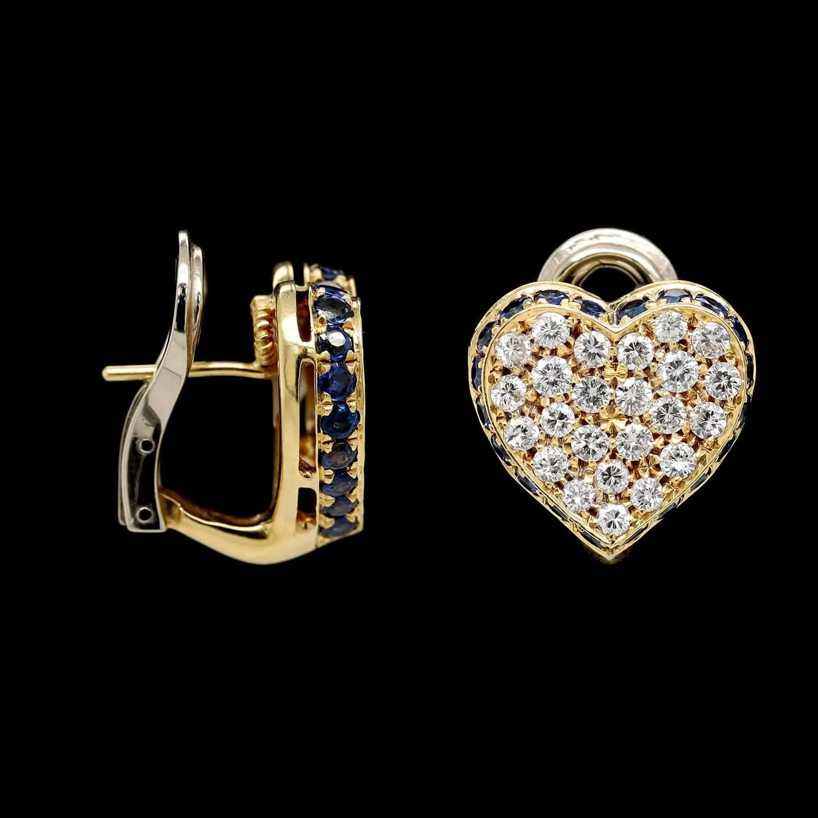 18K Yellow Gold Estate Sapphire and Diamond Heart Earrings