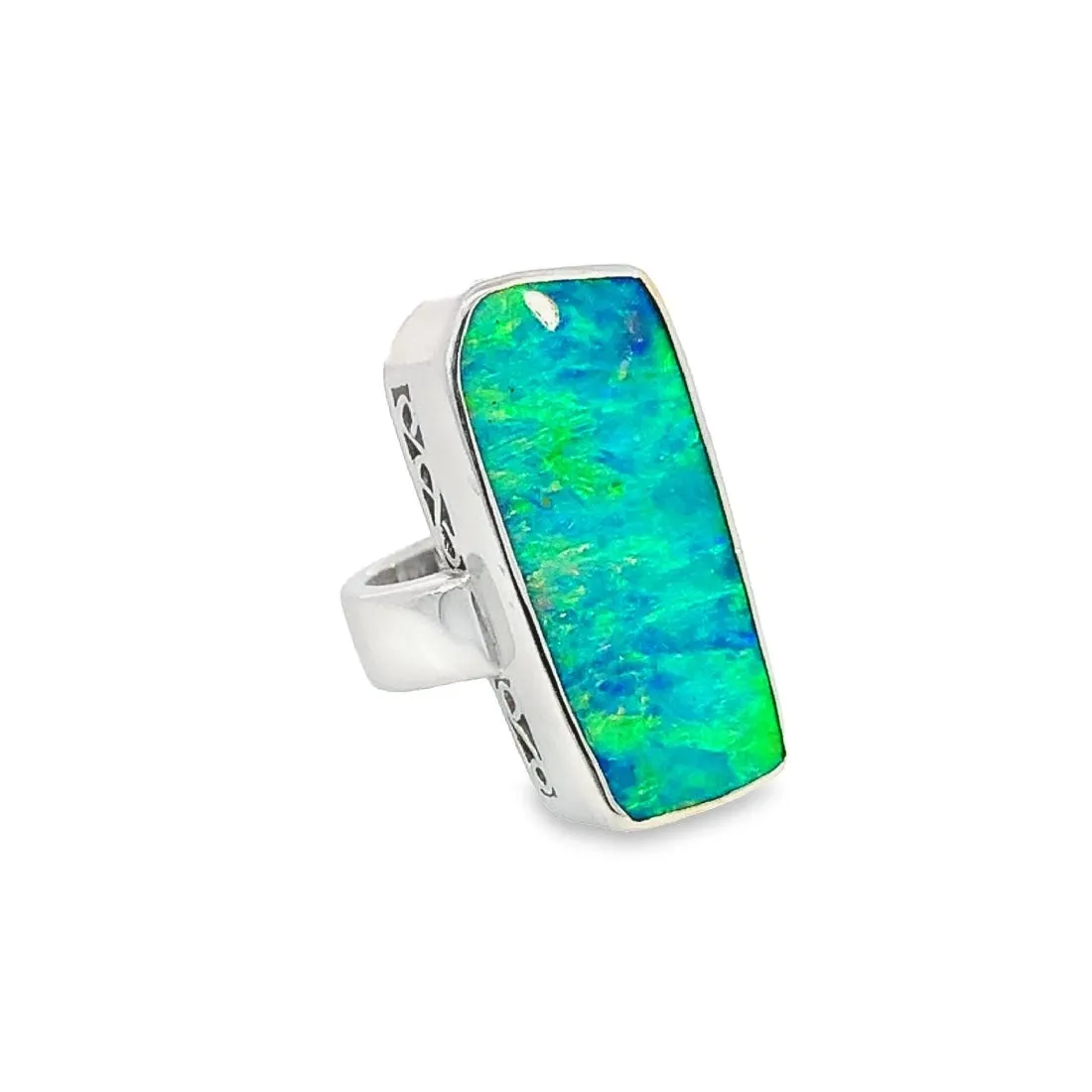 18kt White Gold Boulder Opal 17.98ct Blue Green rectangular ring