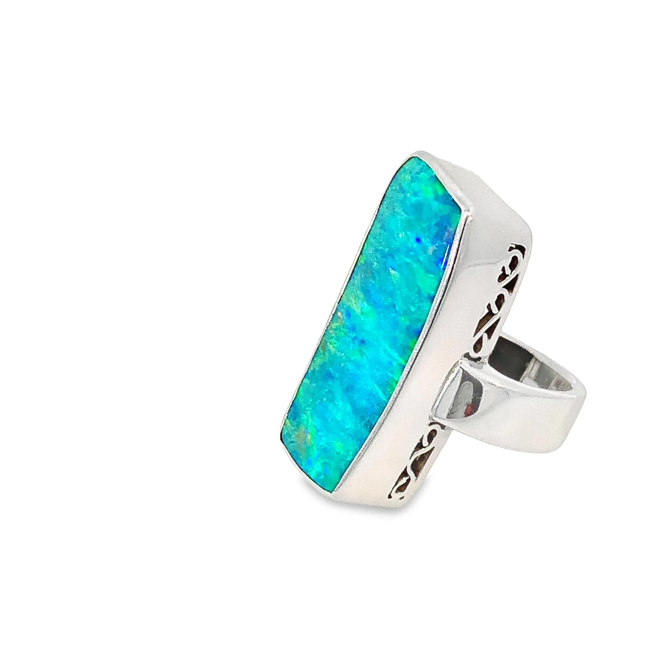 18kt White Gold Boulder Opal 17.98ct Blue Green rectangular ring