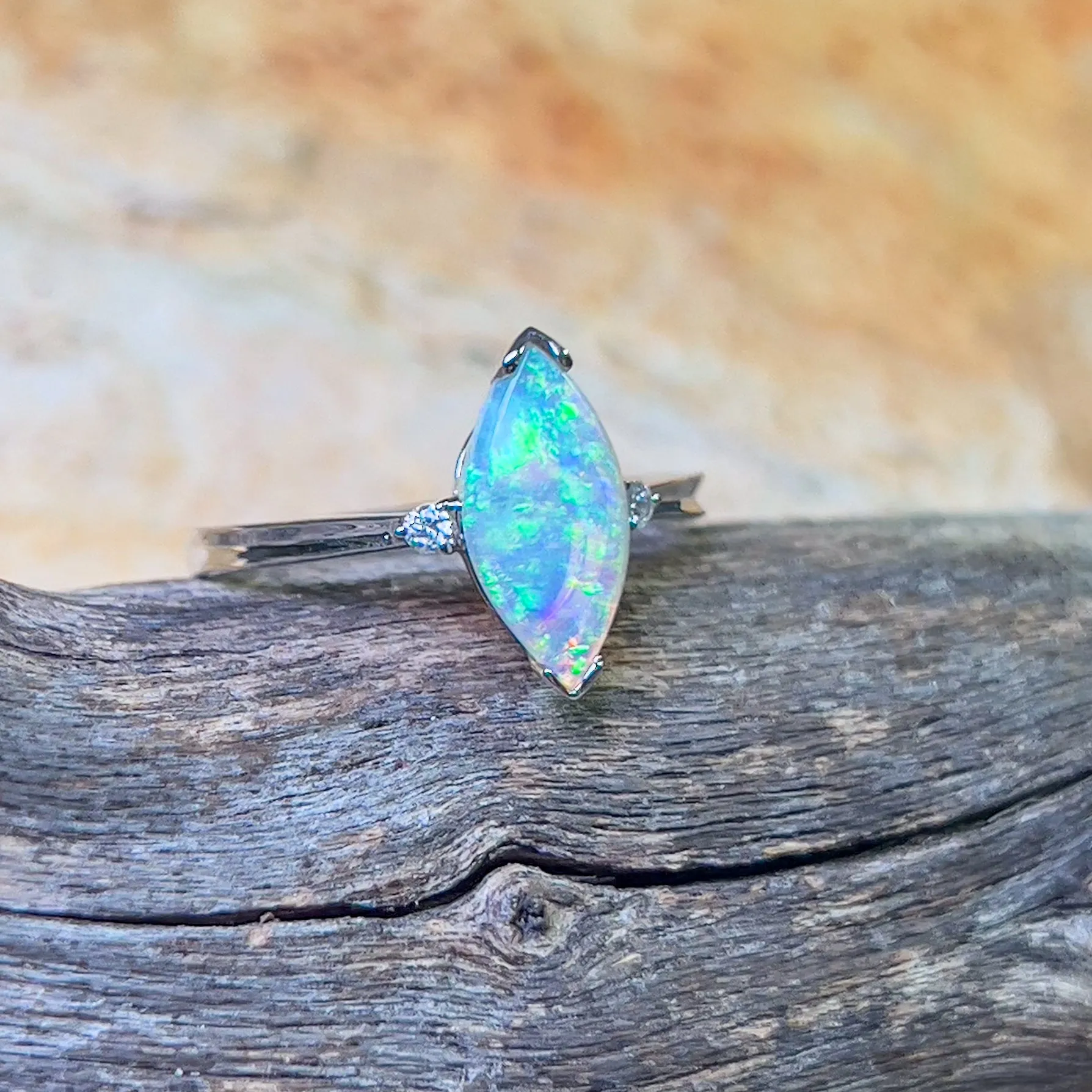 18kt White Gold Marquise Crystal Opal and diamond ring