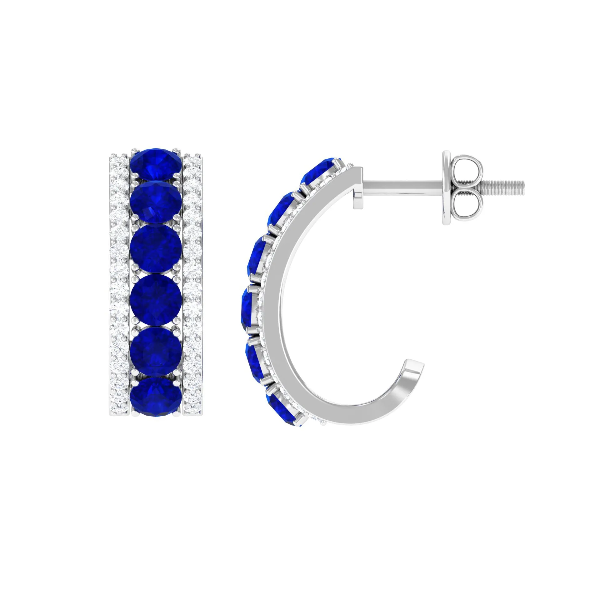 2 CT Created Blue Sapphire and Diamond J Hoop Earrings