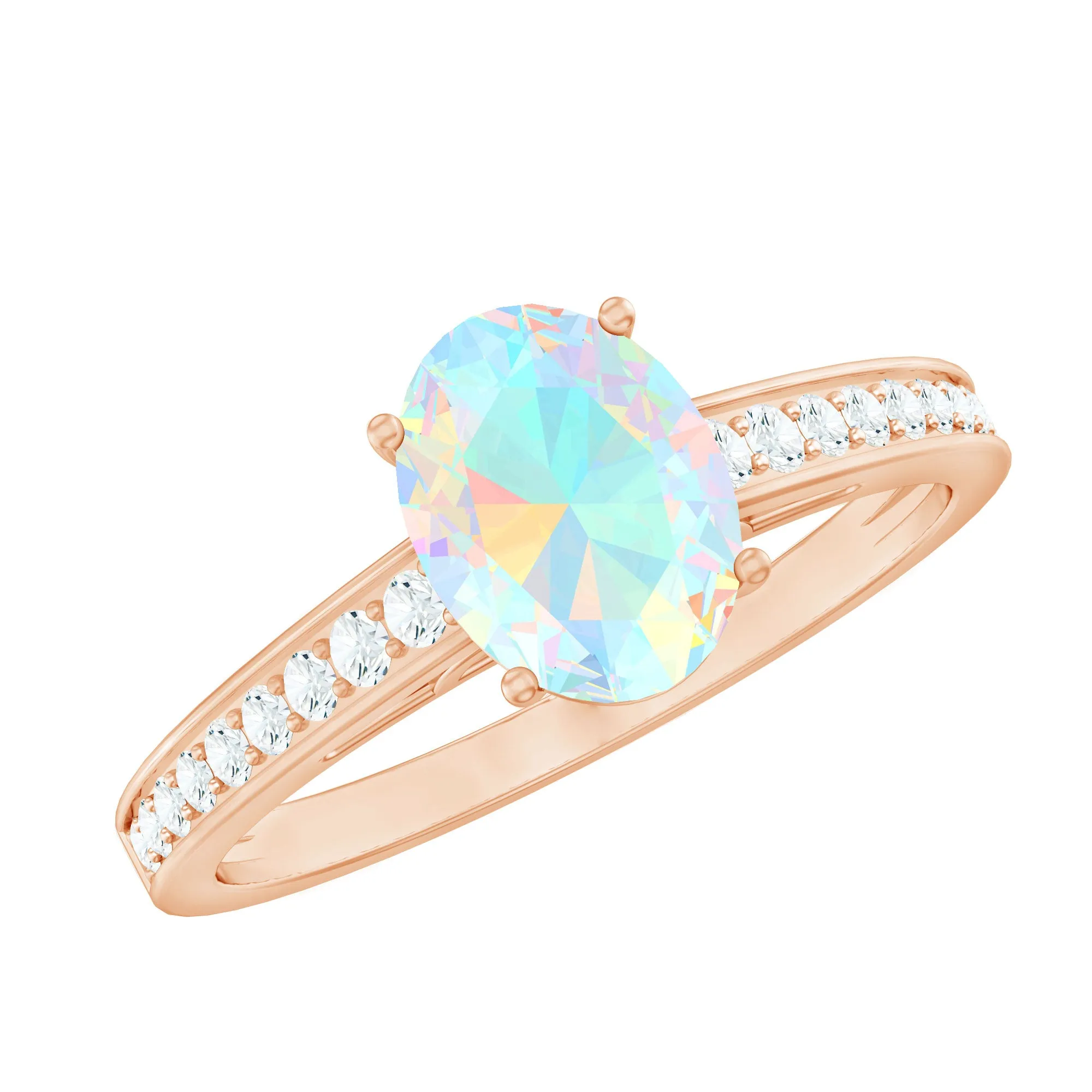 2 CT Oval Shape Ethiopian Opal Solitaire Ring with Surface Prong Set Diamond