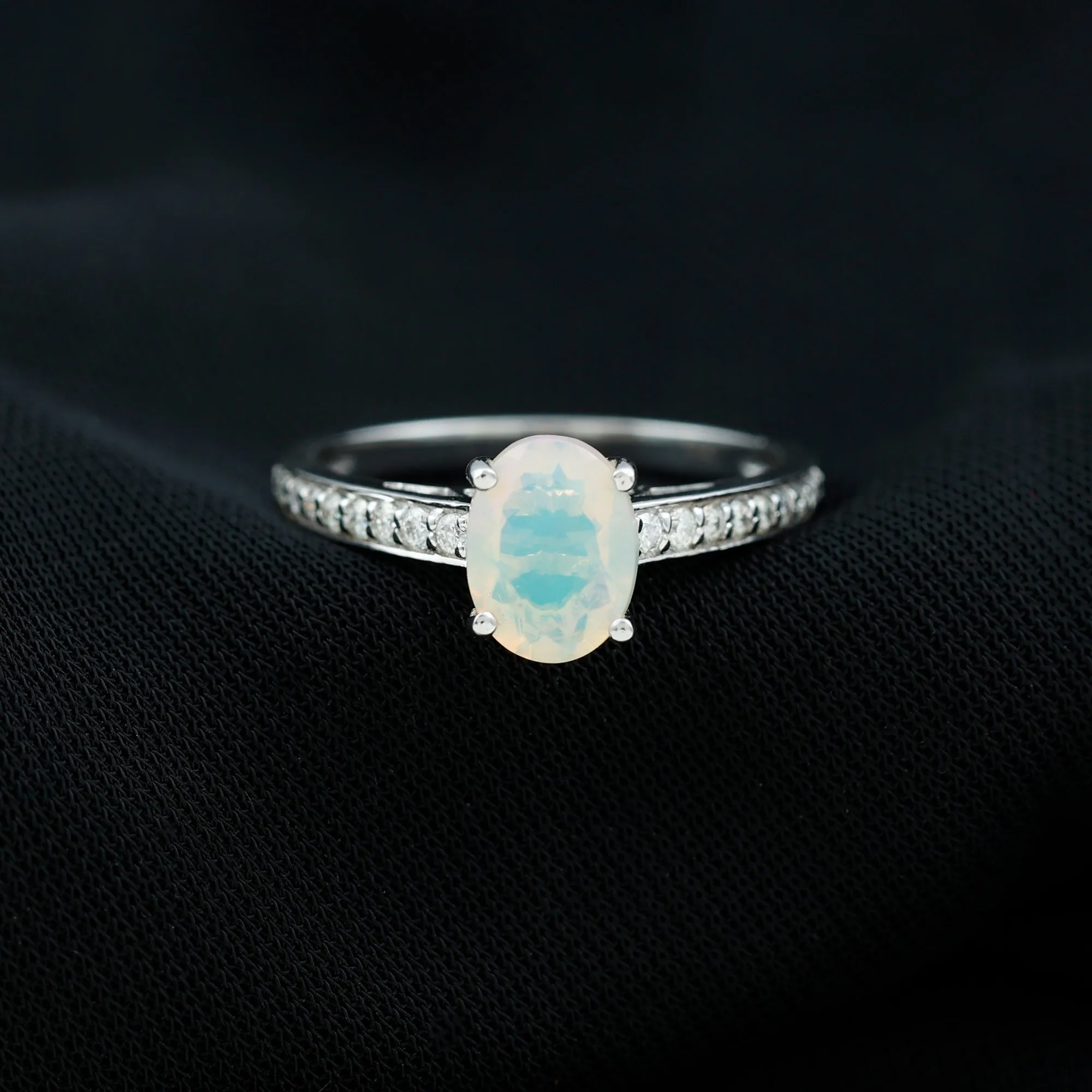 2 CT Oval Shape Ethiopian Opal Solitaire Ring with Surface Prong Set Diamond