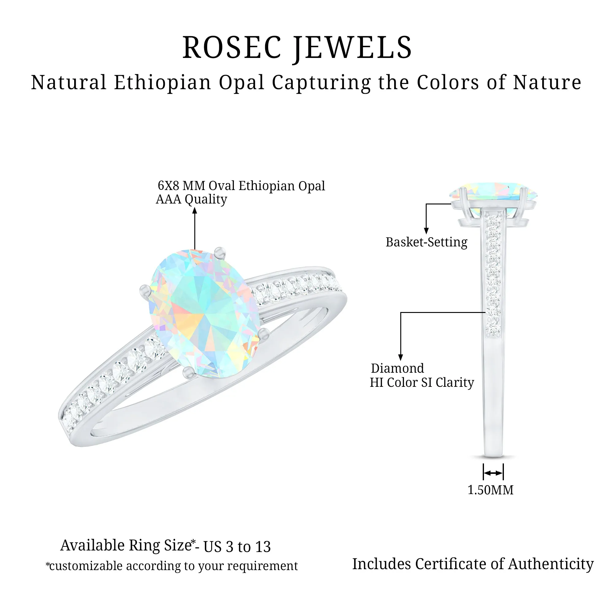 2 CT Oval Shape Ethiopian Opal Solitaire Ring with Surface Prong Set Diamond