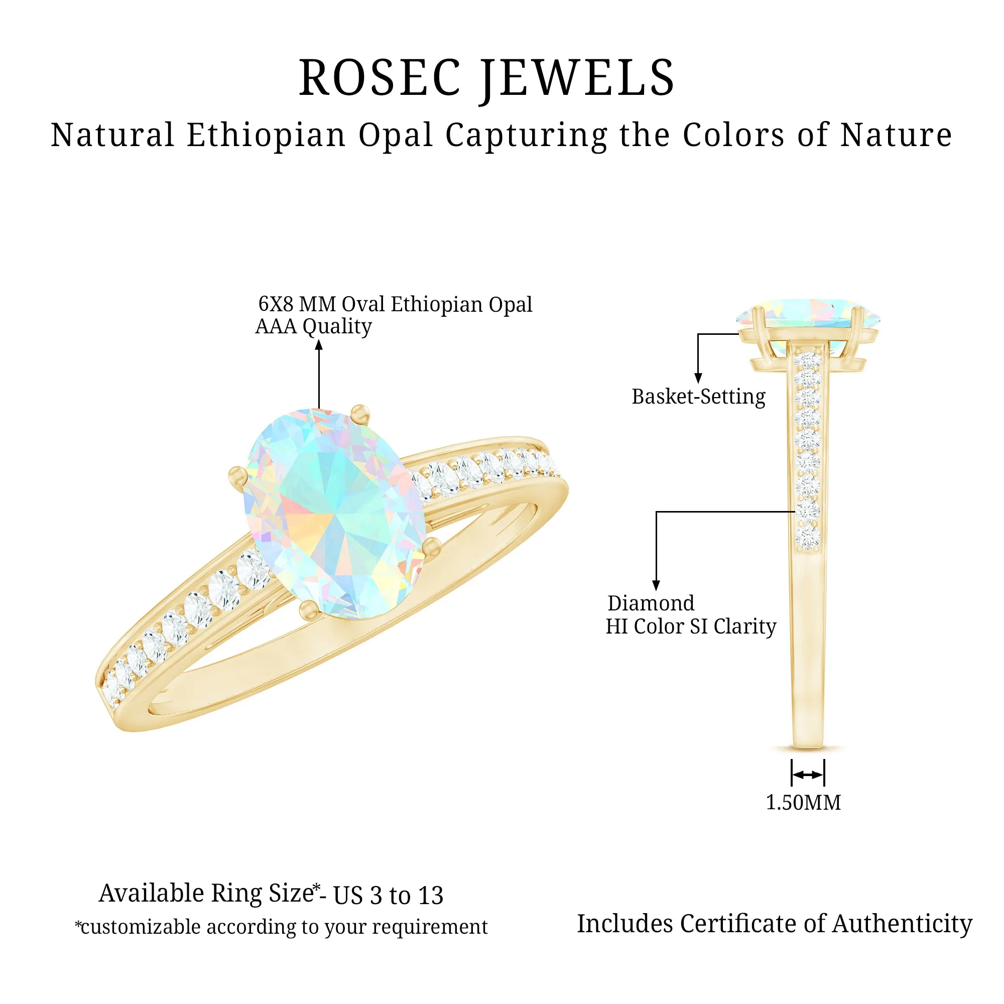 2 CT Oval Shape Ethiopian Opal Solitaire Ring with Surface Prong Set Diamond