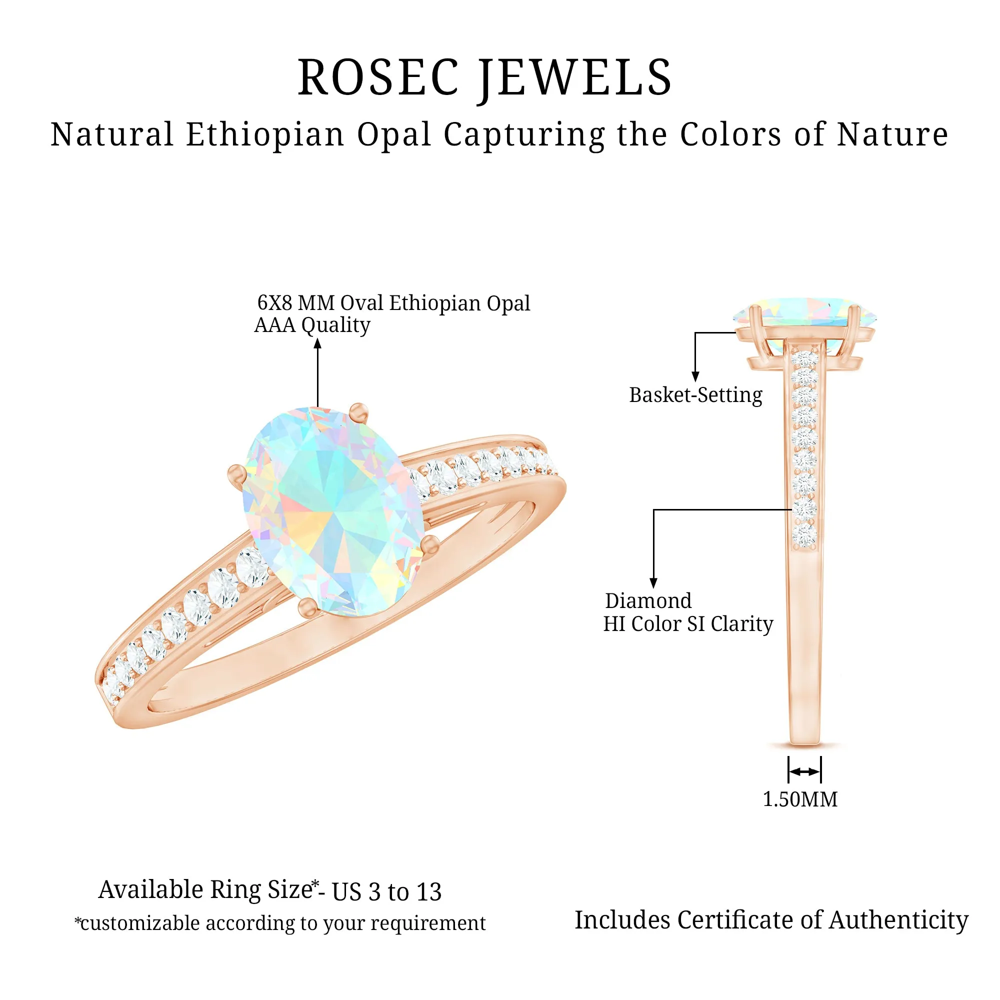 2 CT Oval Shape Ethiopian Opal Solitaire Ring with Surface Prong Set Diamond