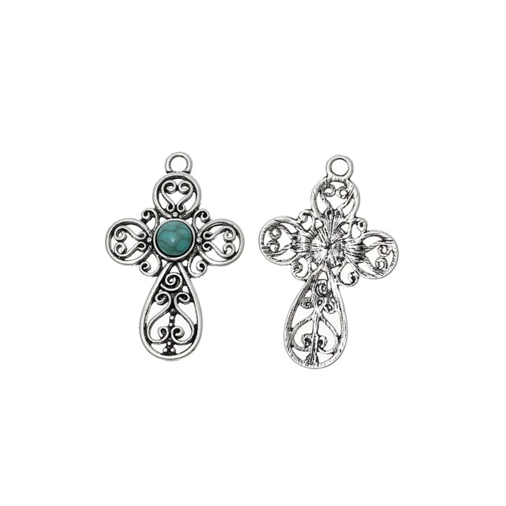 2 Pcs Tibetan Silver PATTERN HOLLOW CROSS WITH BLUE RESIN IMITATION TURQUOISE 47mm x 31mm Charms Pendants, Lead & Nickel Free Metal Charms Pendants Beads