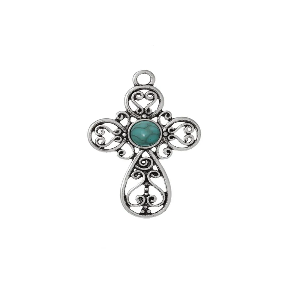 2 Pcs Tibetan Silver PATTERN HOLLOW CROSS WITH BLUE RESIN IMITATION TURQUOISE 47mm x 31mm Charms Pendants, Lead & Nickel Free Metal Charms Pendants Beads