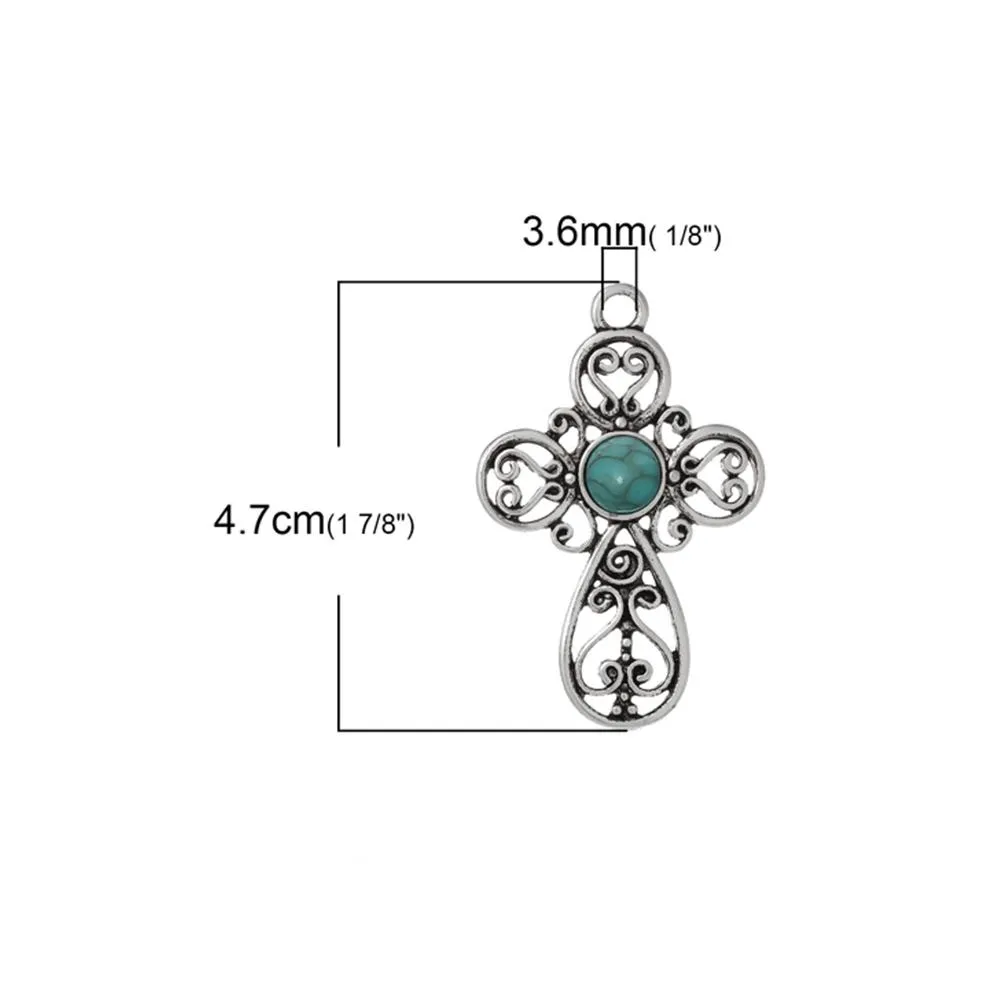 2 Pcs Tibetan Silver PATTERN HOLLOW CROSS WITH BLUE RESIN IMITATION TURQUOISE 47mm x 31mm Charms Pendants, Lead & Nickel Free Metal Charms Pendants Beads