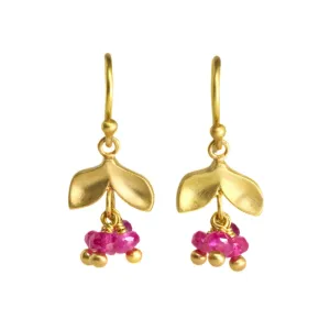 20K Gold Laurel Earrings with Three Dangling Ruby Stones