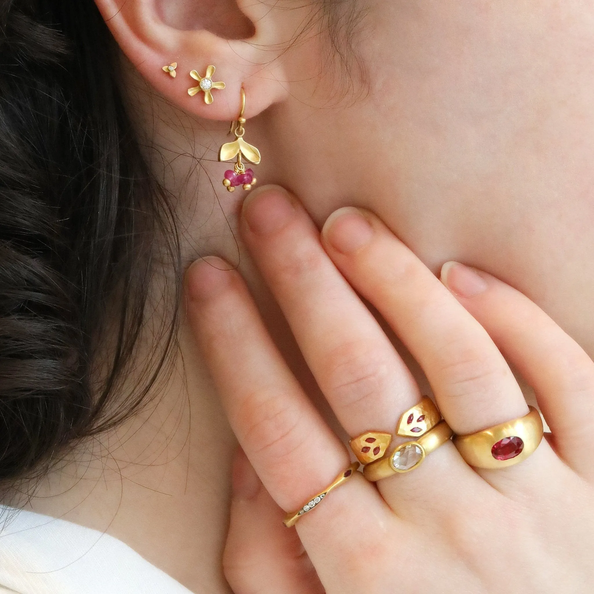 20K Gold Laurel Earrings with Three Dangling Ruby Stones