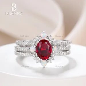 3 Piece Ruby Engagement Ring Set Rose Gold Lab Ruby & Opal 3Pcs Bridal Set July Birthday Gift