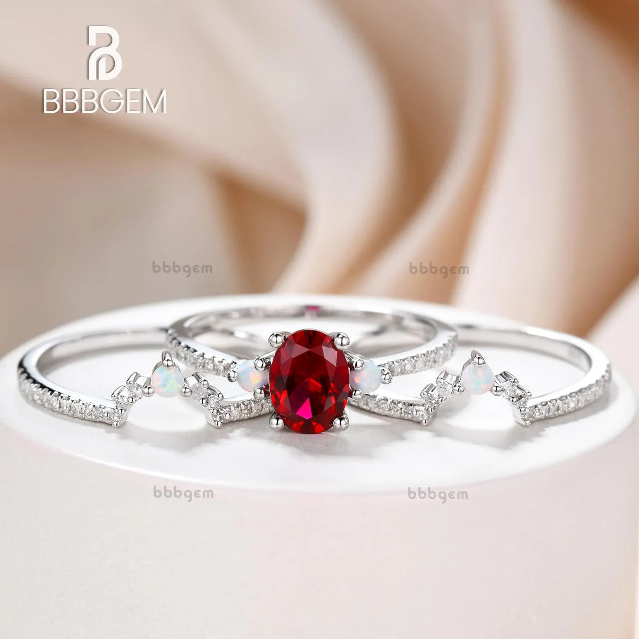 3 Piece Ruby Engagement Ring Set Rose Gold Lab Ruby & Opal 3Pcs Bridal Set July Birthday Gift