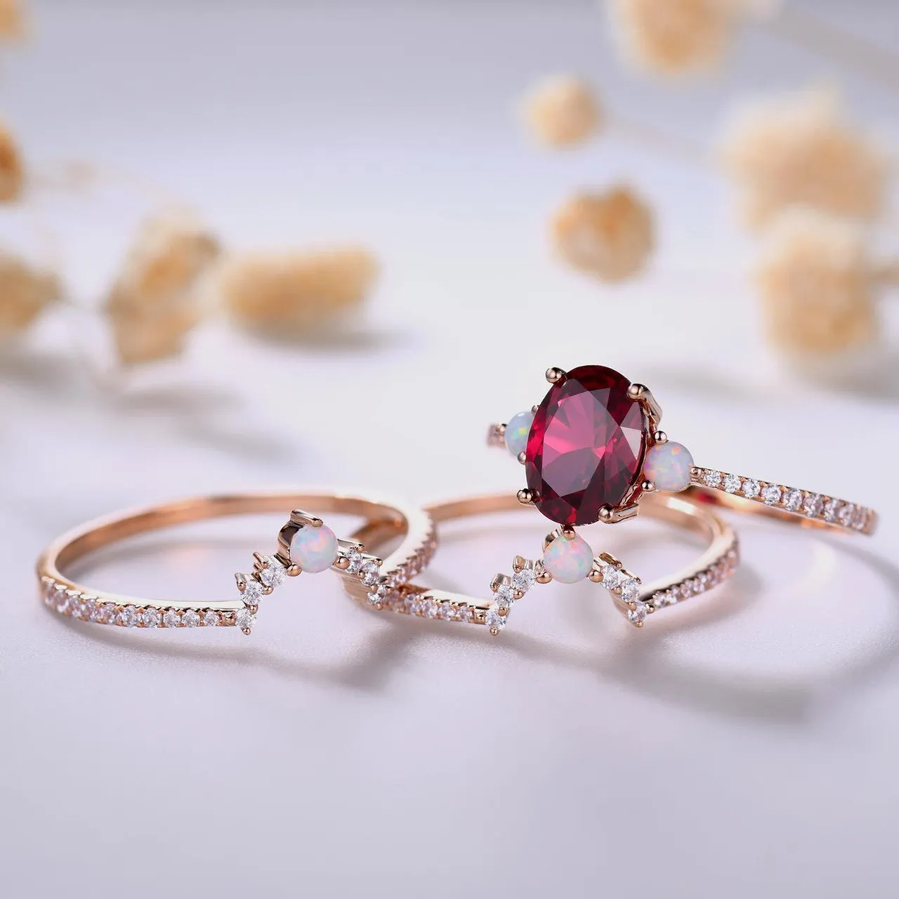 3 Piece Ruby Engagement Ring Set Rose Gold Lab Ruby & Opal 3Pcs Bridal Set July Birthday Gift