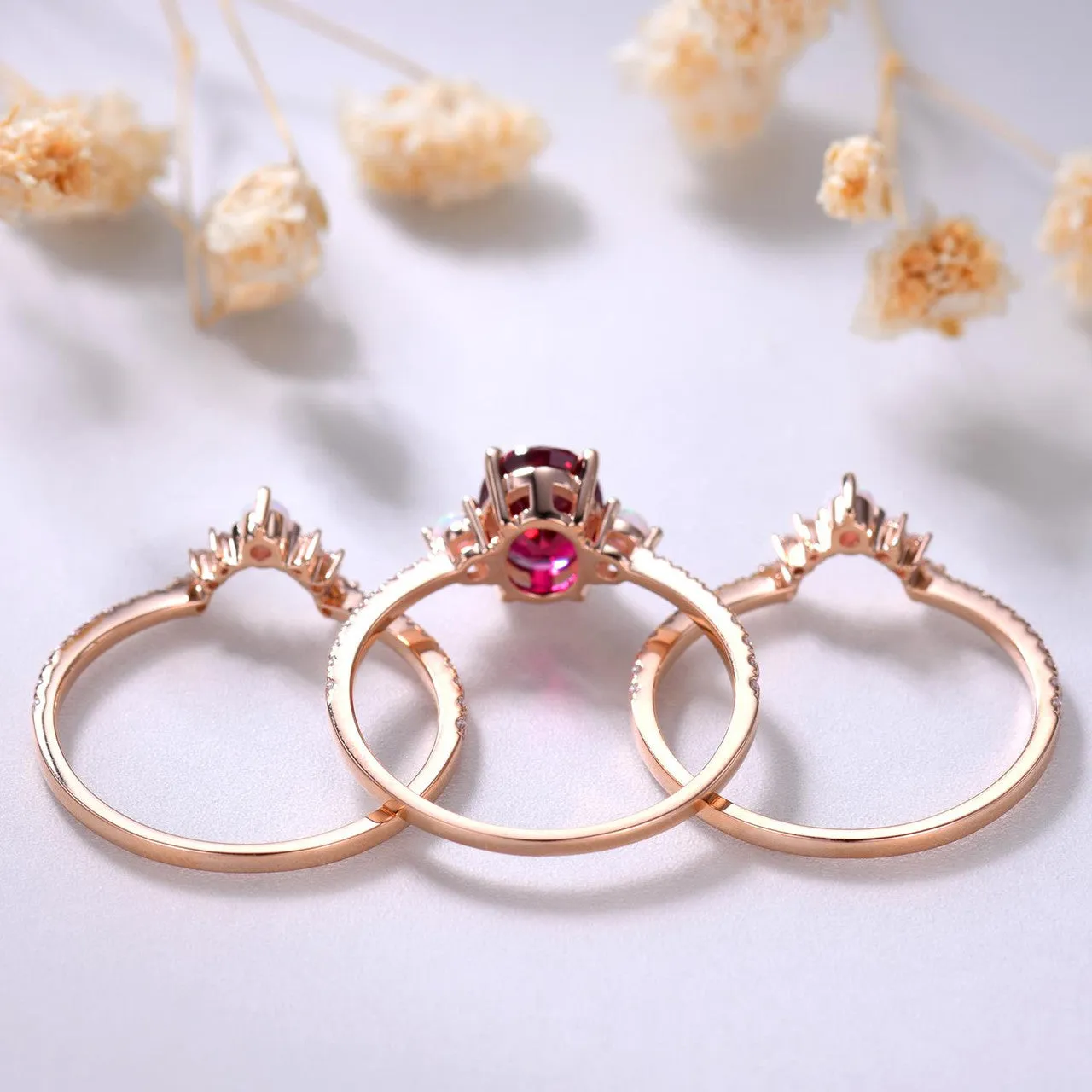 3 Piece Ruby Engagement Ring Set Rose Gold Lab Ruby & Opal 3Pcs Bridal Set July Birthday Gift