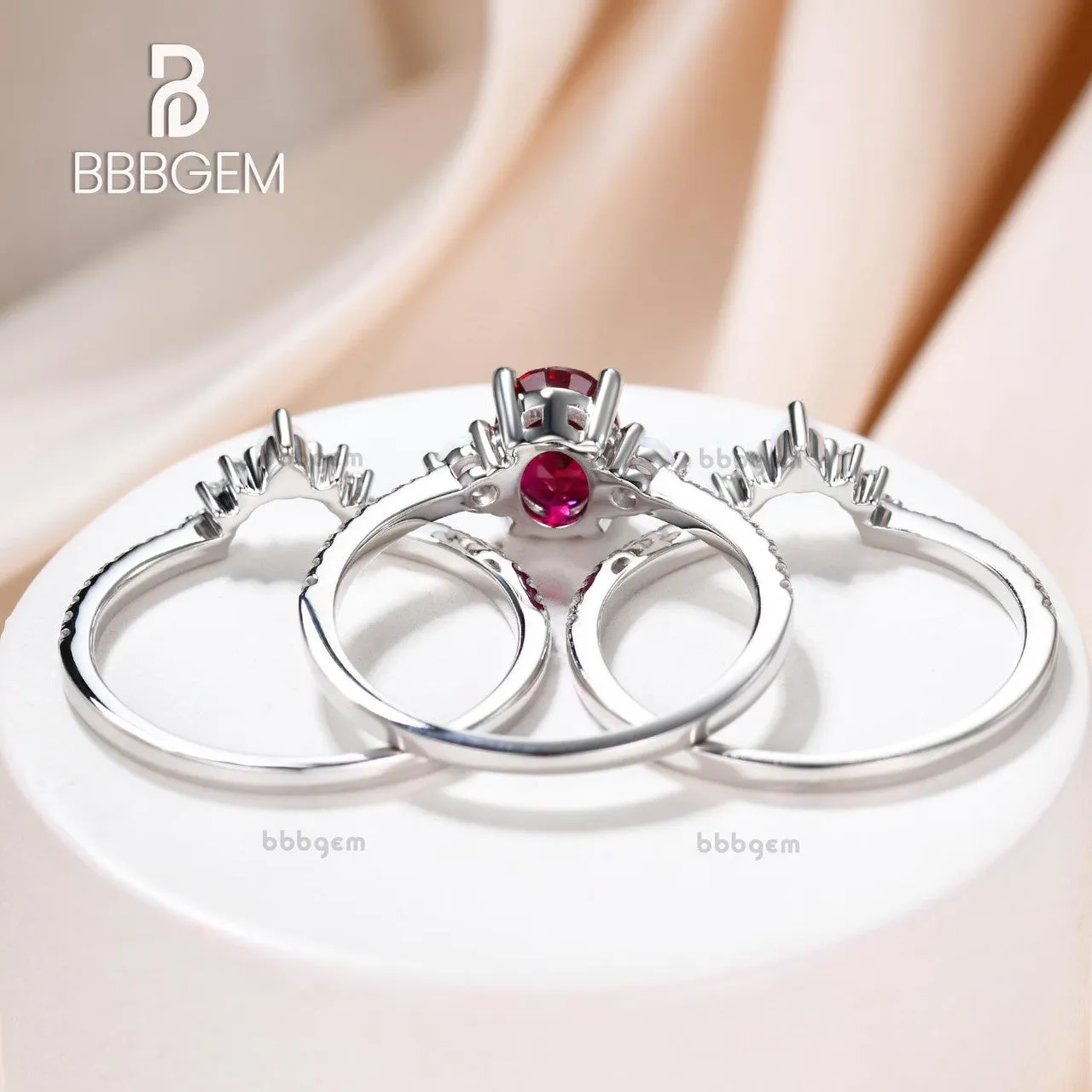 3 Piece Ruby Engagement Ring Set Rose Gold Lab Ruby & Opal 3Pcs Bridal Set July Birthday Gift