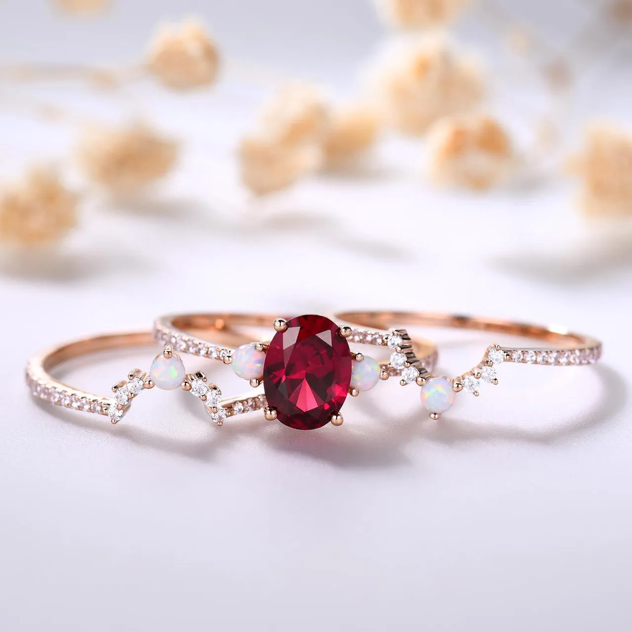 3 Piece Ruby Engagement Ring Set Rose Gold Lab Ruby & Opal 3Pcs Bridal Set July Birthday Gift