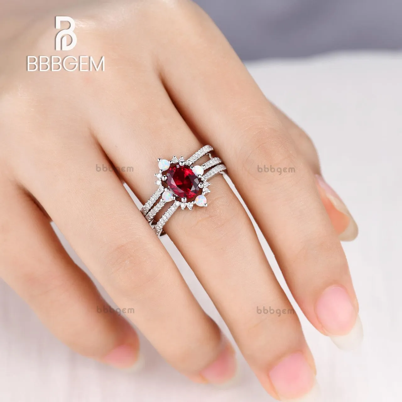 3 Piece Ruby Engagement Ring Set Rose Gold Lab Ruby & Opal 3Pcs Bridal Set July Birthday Gift