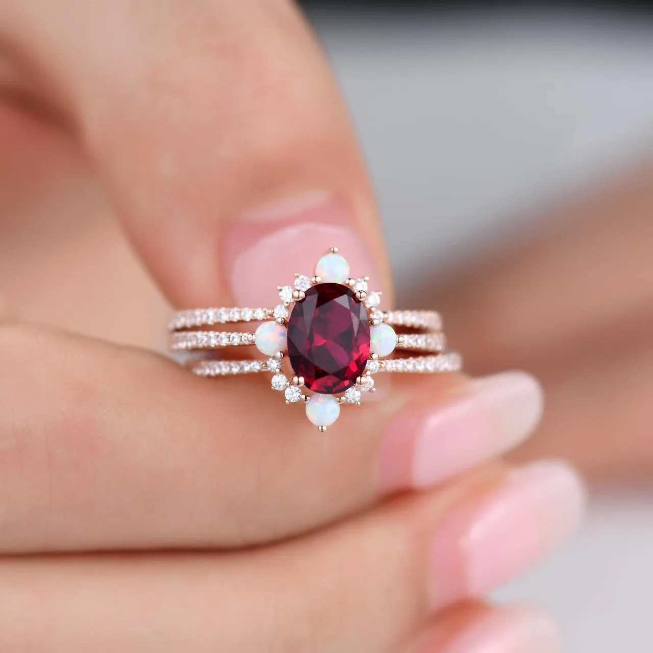 3 Piece Ruby Engagement Ring Set Rose Gold Lab Ruby & Opal 3Pcs Bridal Set July Birthday Gift