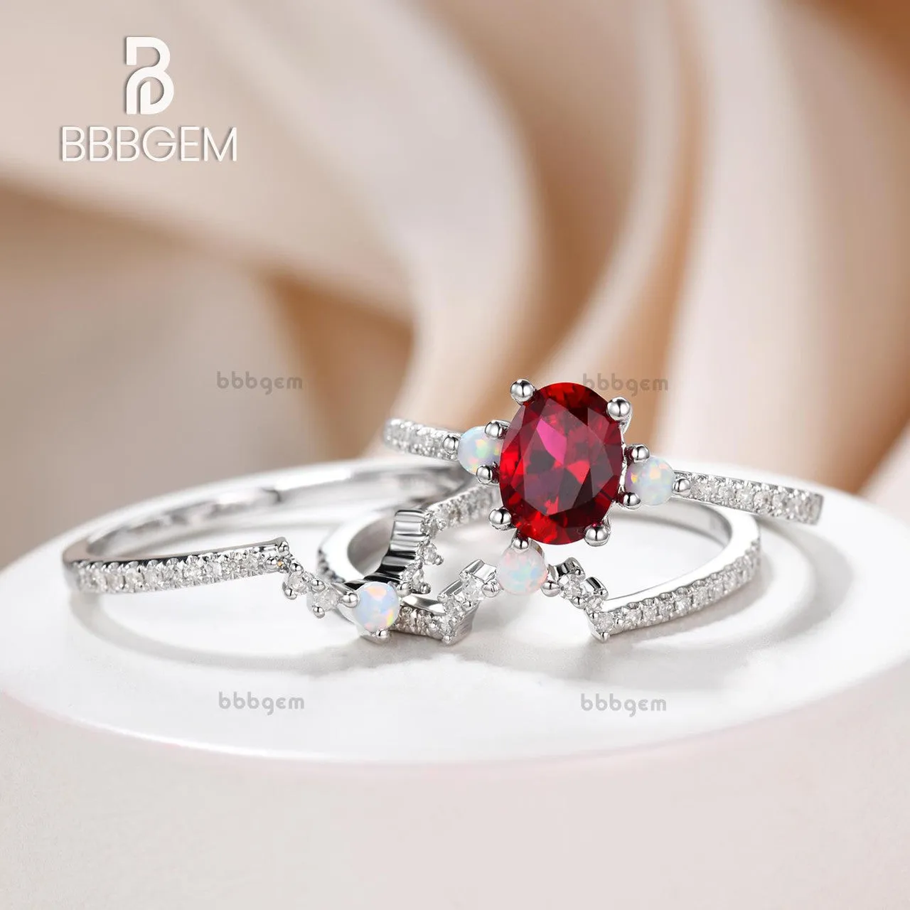 3 Piece Ruby Engagement Ring Set Rose Gold Lab Ruby & Opal 3Pcs Bridal Set July Birthday Gift