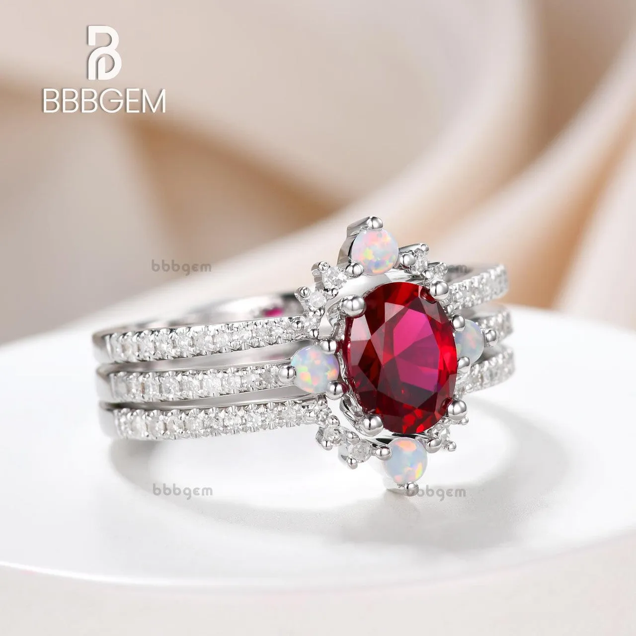 3 Piece Ruby Engagement Ring Set Rose Gold Lab Ruby & Opal 3Pcs Bridal Set July Birthday Gift