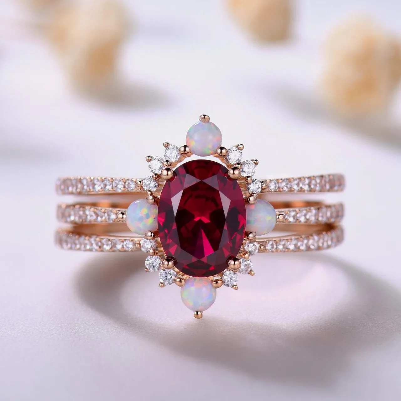 3 Piece Ruby Engagement Ring Set Rose Gold Lab Ruby & Opal 3Pcs Bridal Set July Birthday Gift