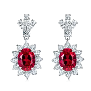 3.2 Carat Oval Lab-Created Ruby Halo Drop Earrings in S925 Silver Plated Platinum