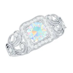 3/4 CT Ethiopian Opal and Diamond Art Deco Engagement Ring with Gold Milgrain Details