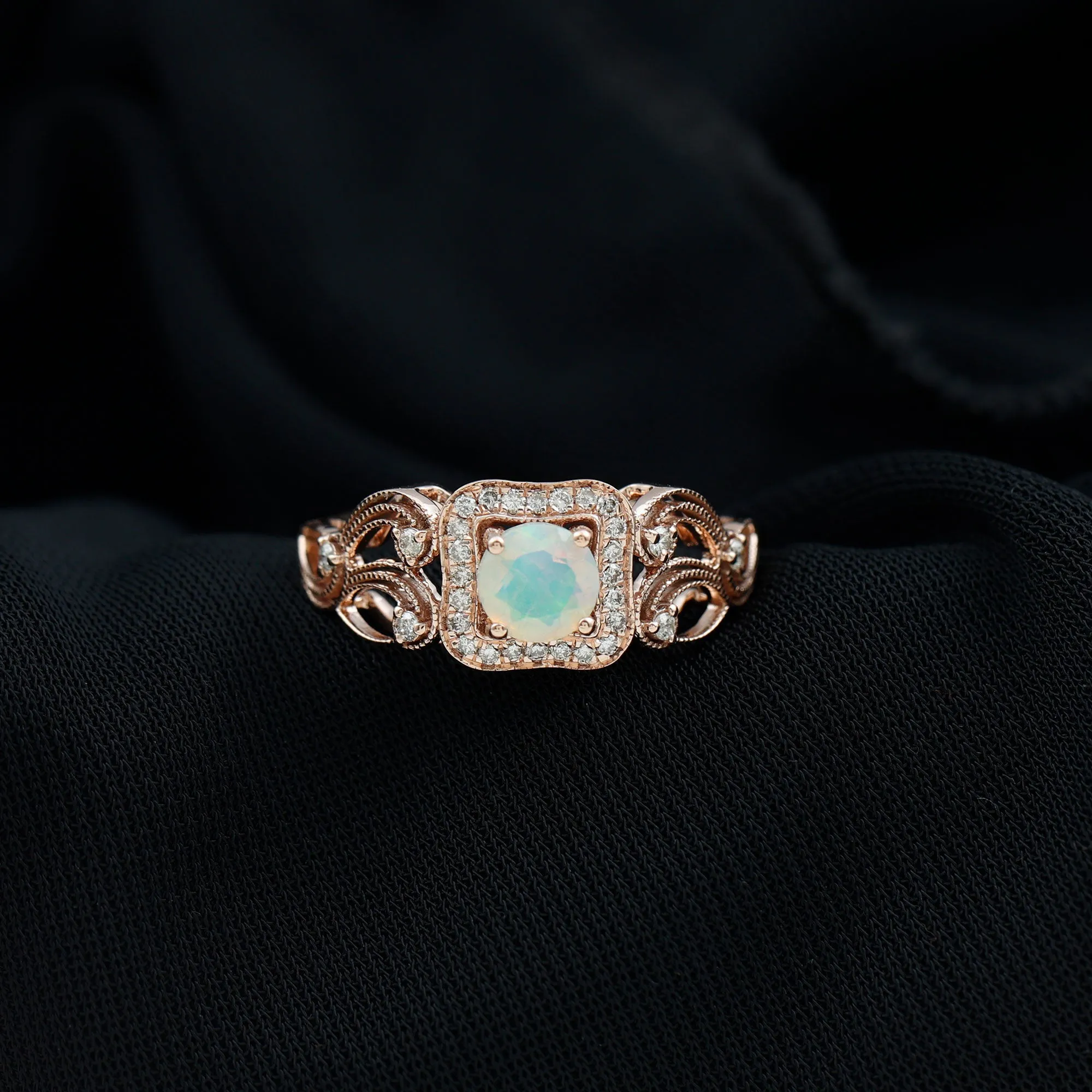 3/4 CT Ethiopian Opal and Diamond Art Deco Engagement Ring with Gold Milgrain Details