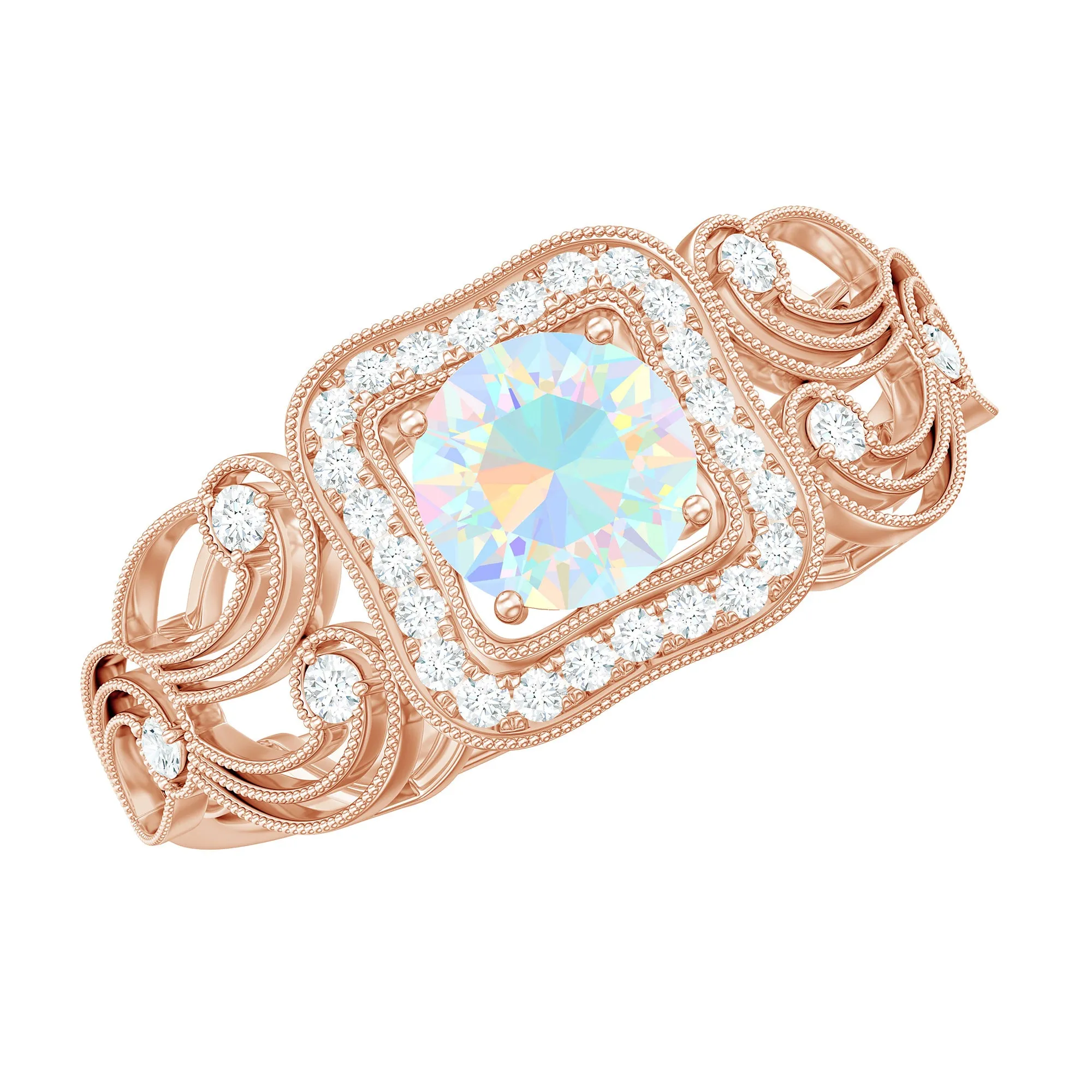 3/4 CT Ethiopian Opal and Diamond Art Deco Engagement Ring with Gold Milgrain Details