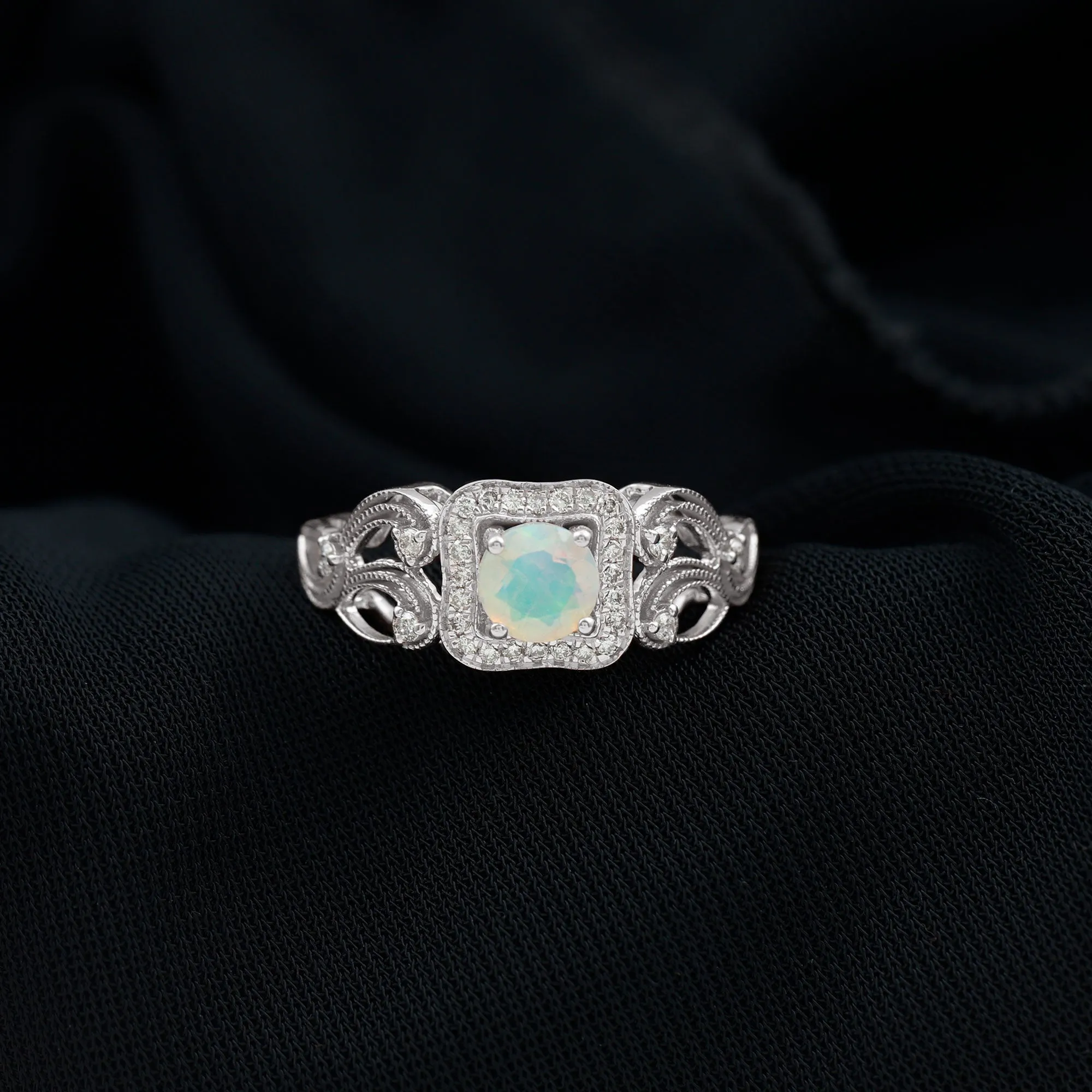 3/4 CT Ethiopian Opal and Diamond Art Deco Engagement Ring with Gold Milgrain Details