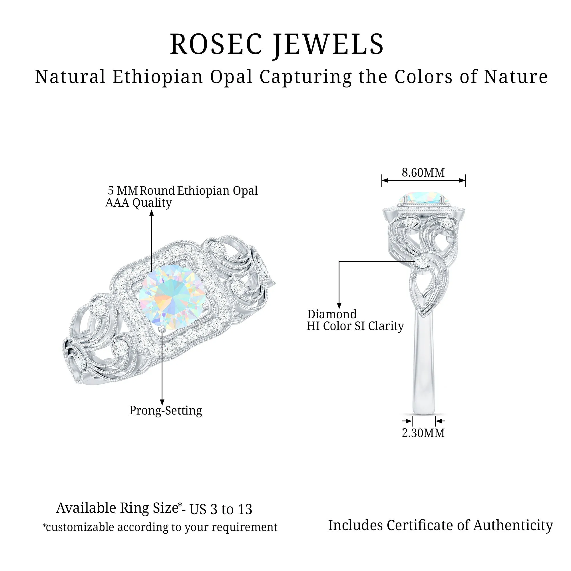 3/4 CT Ethiopian Opal and Diamond Art Deco Engagement Ring with Gold Milgrain Details