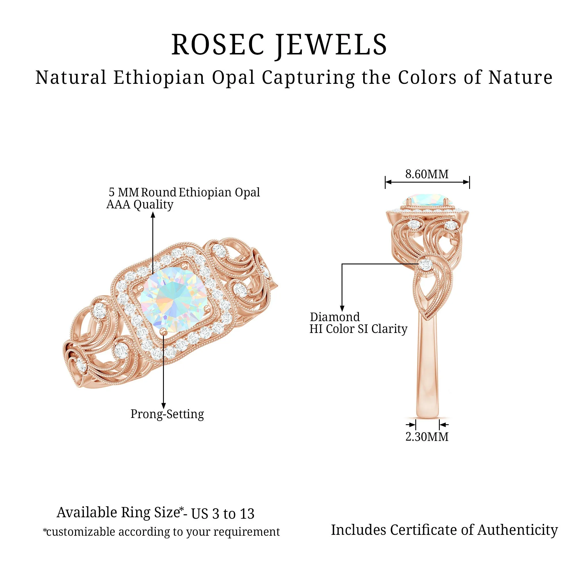 3/4 CT Ethiopian Opal and Diamond Art Deco Engagement Ring with Gold Milgrain Details