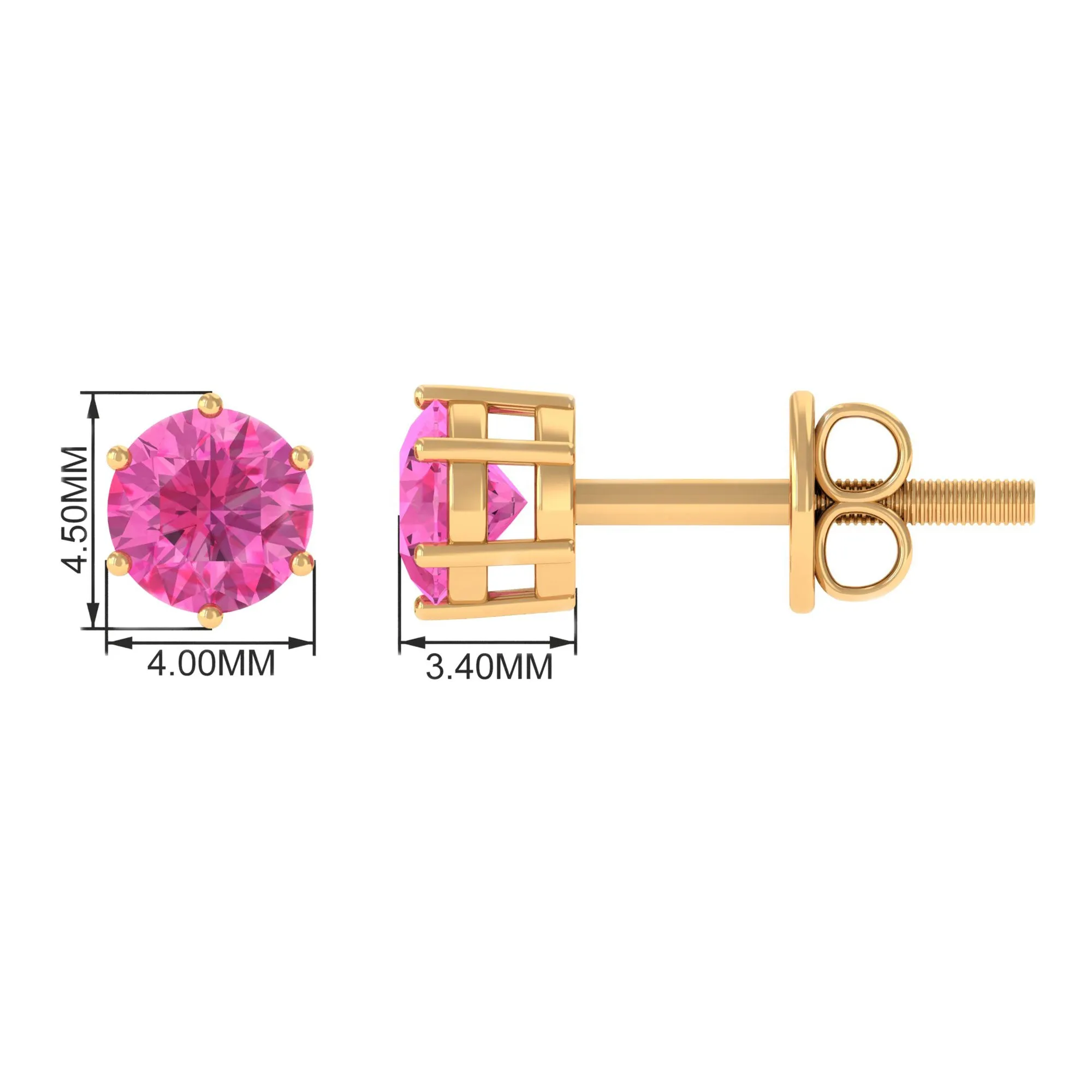 4 MM Genuine Pink Sapphire Solitaire Stud Earrings in 6 Prong Setting