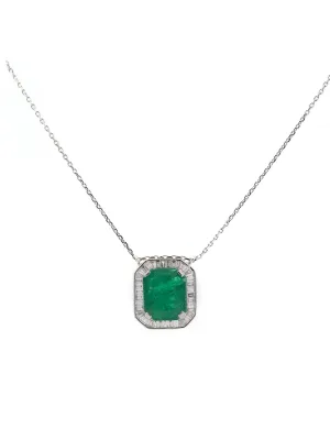 5.77ct Emerald Diamond 18K Gold Baguette Cut Halo Necklace