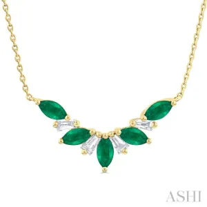 5X2.5MM Marquise Cut Emerald and 1/6 ctw Baguette Cut Diamond Precious Gemstone Necklace in 14K Yellow Gold