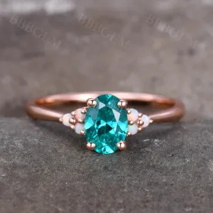 5x7mm Oval Cut Green Garnet Engagement Ring Rose Gold Opal Accent Stone