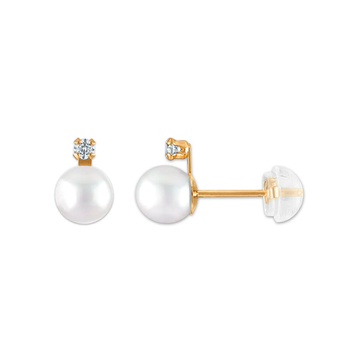 6MM Round Pearl and White Sapphire Stud Earrings in 10KT Yellow Gold