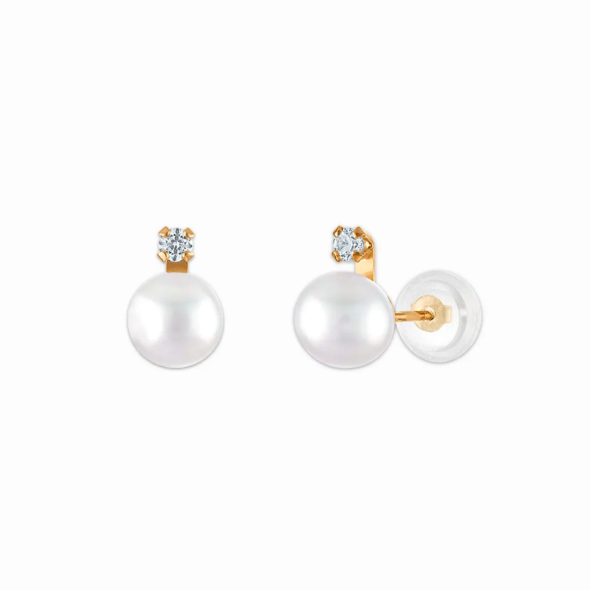 6MM Round Pearl and White Sapphire Stud Earrings in 10KT Yellow Gold