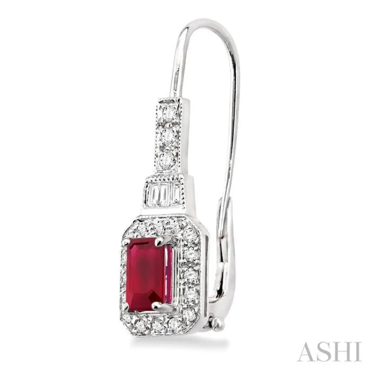 6x4MM Octagon Cut Ruby and 1/2 Ctw Baguette and Round Cut Diamond Earrings in 14K White Gold