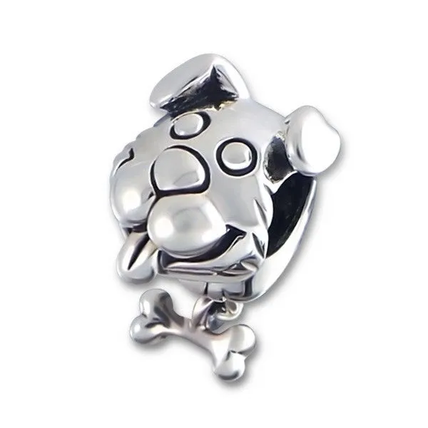 .925 Sterling Silver "Head Dog w Dangle Bone"  Charm Spacer Bead for Snake Chain Charm Bracelet