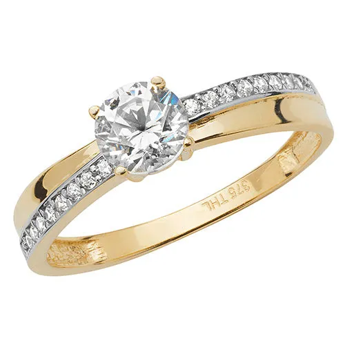 9CT GOLD SOLITAIRE CZ WITH PAVE SET CROSSOVER SHOULDERS RING