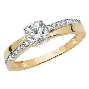 9CT GOLD SOLITAIRE CZ WITH PAVE SET CROSSOVER SHOULDERS RING