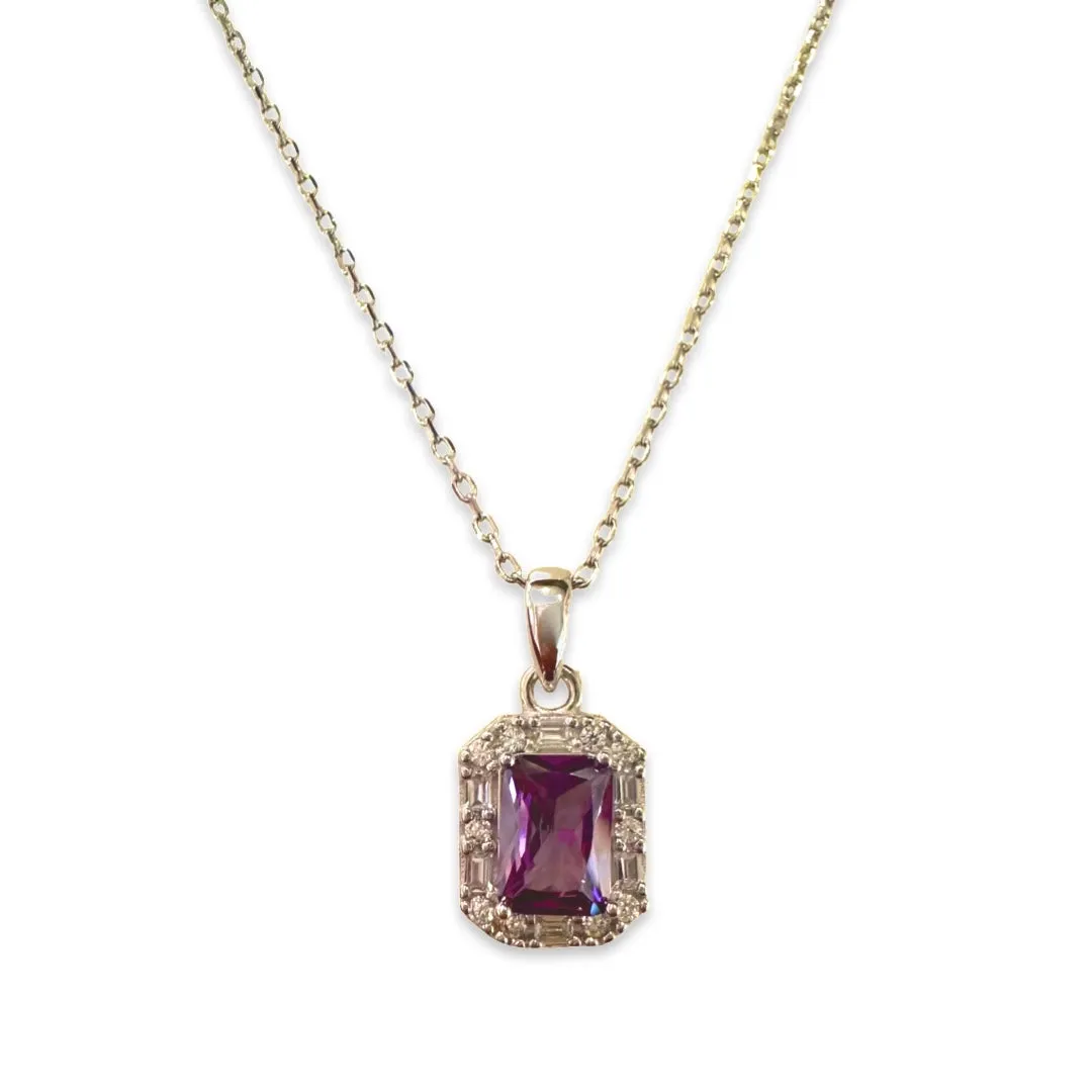 Adriene Emerald Cut Halo Birthstone Necklace