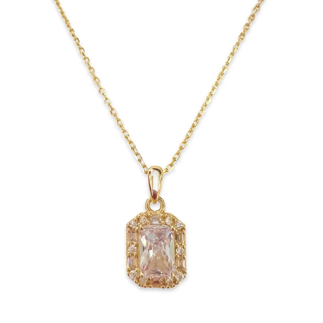 Adriene Emerald Cut Halo Birthstone Necklace