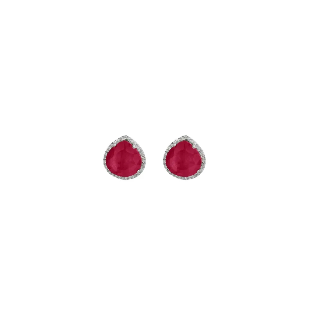 Almond Ruby & CZ Stud Earrings in Sterling Silver