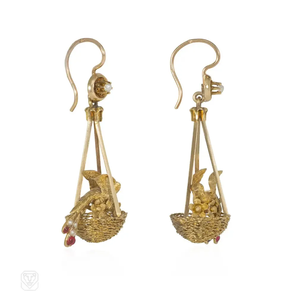 Antique gold nesting bird earrings