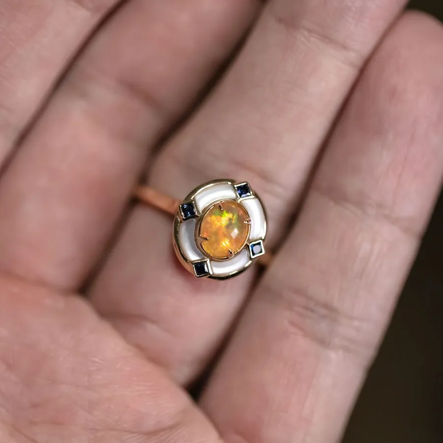 Art Deco Style Mexican Fire Opal Sapphire Engagement Ring 18K Yellow Gold