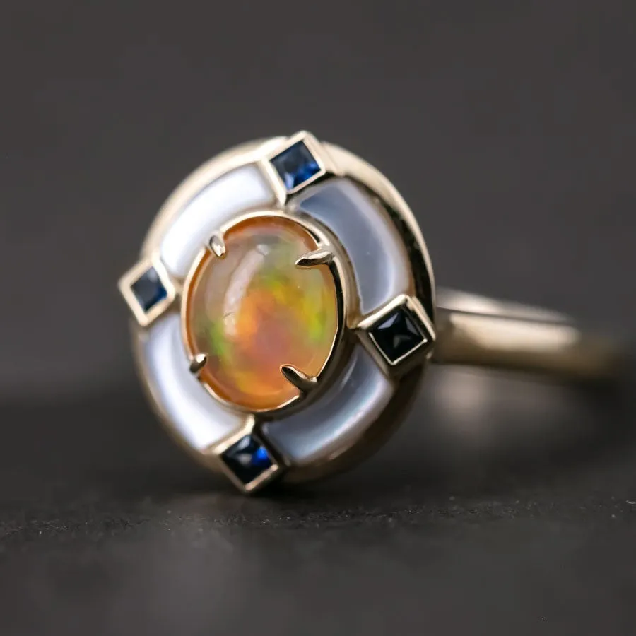 Art Deco Style Mexican Fire Opal Sapphire Engagement Ring 18K Yellow Gold