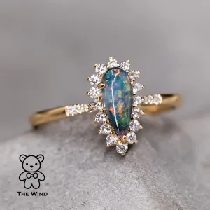 Australian Black Opal & Halo Diamond Engagement Ring 18K Yellow Gold